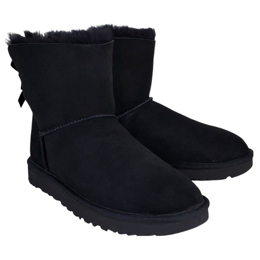 UGG Mini Bailey Bow Water Resistant Suede Fur Winter Ankle Boots Black - Picture 6 of 12